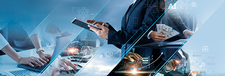 illustrative image of a person multitasking at work in different fields